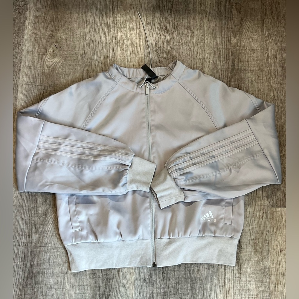 Adidas Woman's Gray Satin Shiny Glam On Bomber Track Jacket Size M